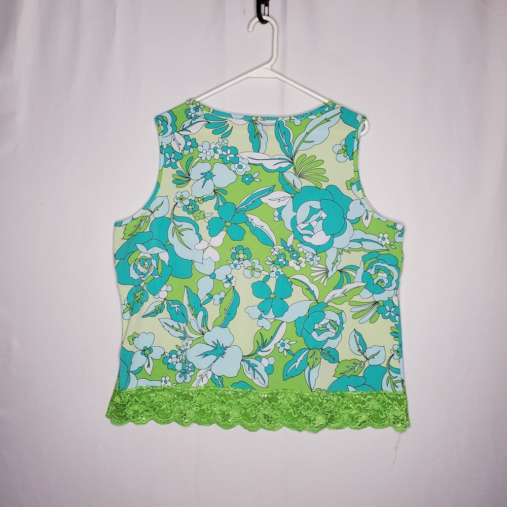 Vtg Y2K Lace Trim Empire Tank Top Women 2X Bold Quirky Retro Floral 90s... - Picture 2 of 7